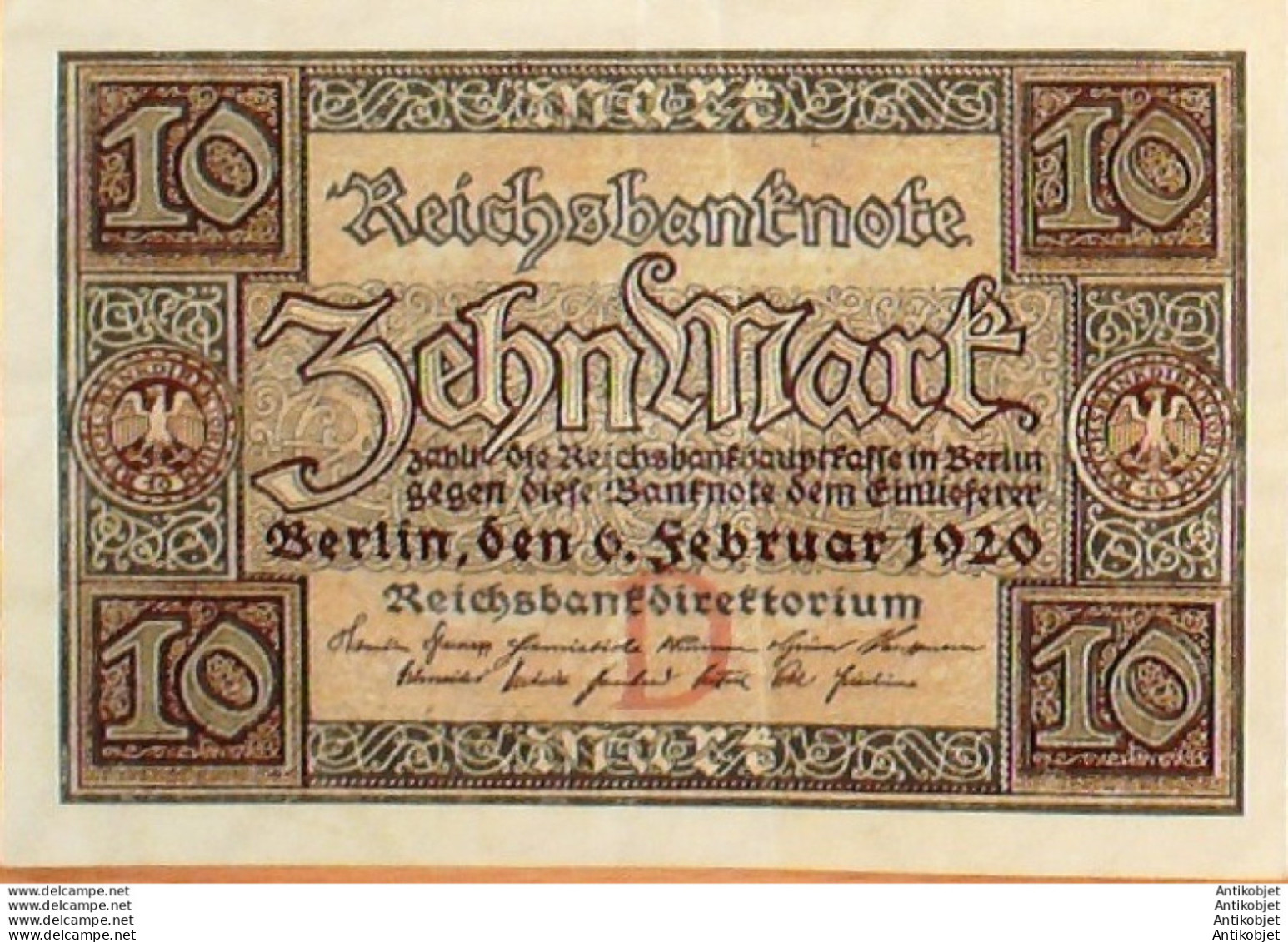 Billet De Banque Allemagne 10 Mark Reichsbanknote 1920 - 10 Mark