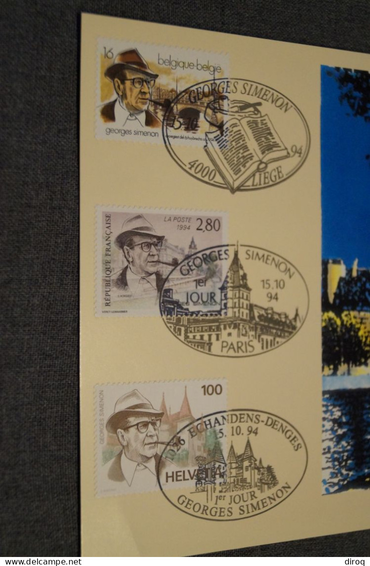 Georges Simenon,1 Er Jour,1994,3 Timbres Avec Belles Oblitérations, Mint, Pour Collection - 1991-2000