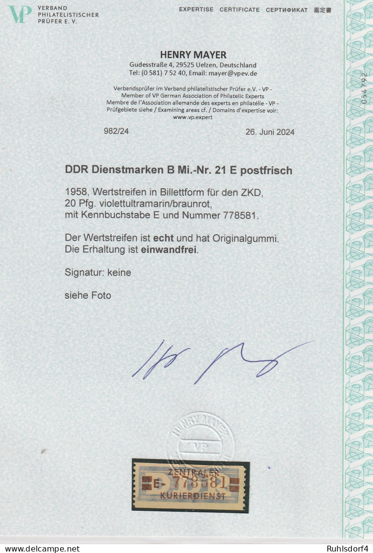 DDR-ZKD-Marke 21 E (original), ** (MNH) Attest Mayer - Autres & Non Classés