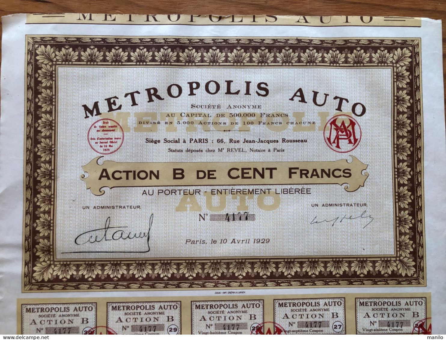 METROPOLIS AUTO - Paris - Action B De Cent Francs 10/4/1929  Avec Ses Coupons - Notaire REVEL à Paris - Automobile