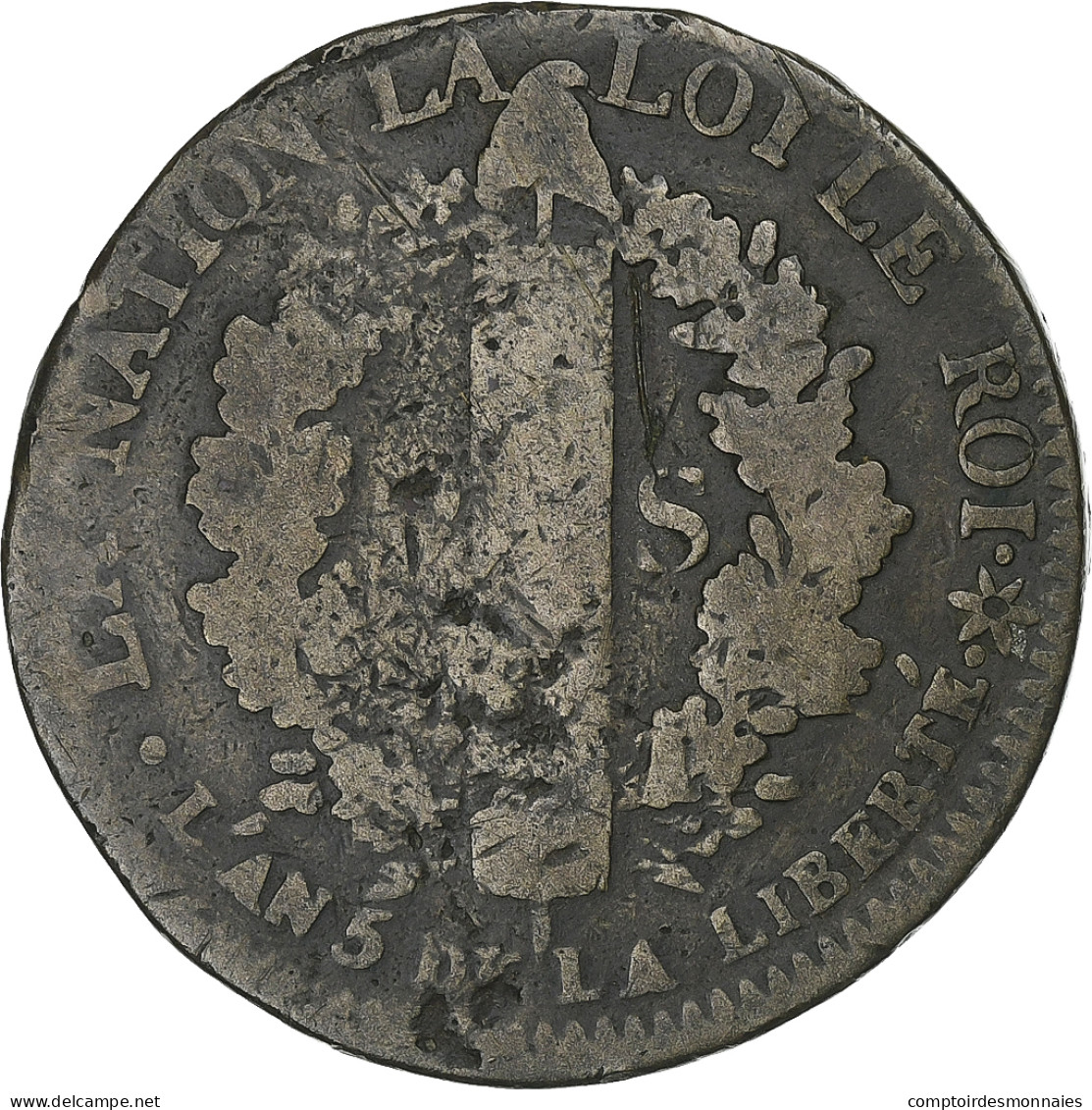 France, Louis XVI, 2 Sols Français, 1793 / AN 5, Strasbourg, Cuivre, B+ - Other & Unclassified