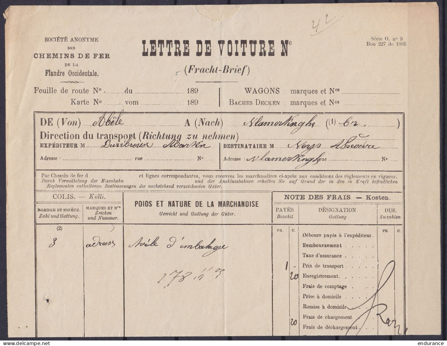 Lettre De Voiture Chemins De Fer De La Flandre Occidentale Càd Départ Bleu [ABEELE /22 AOUT 1896] Pour L'envoi De Colis  - Nord Belge