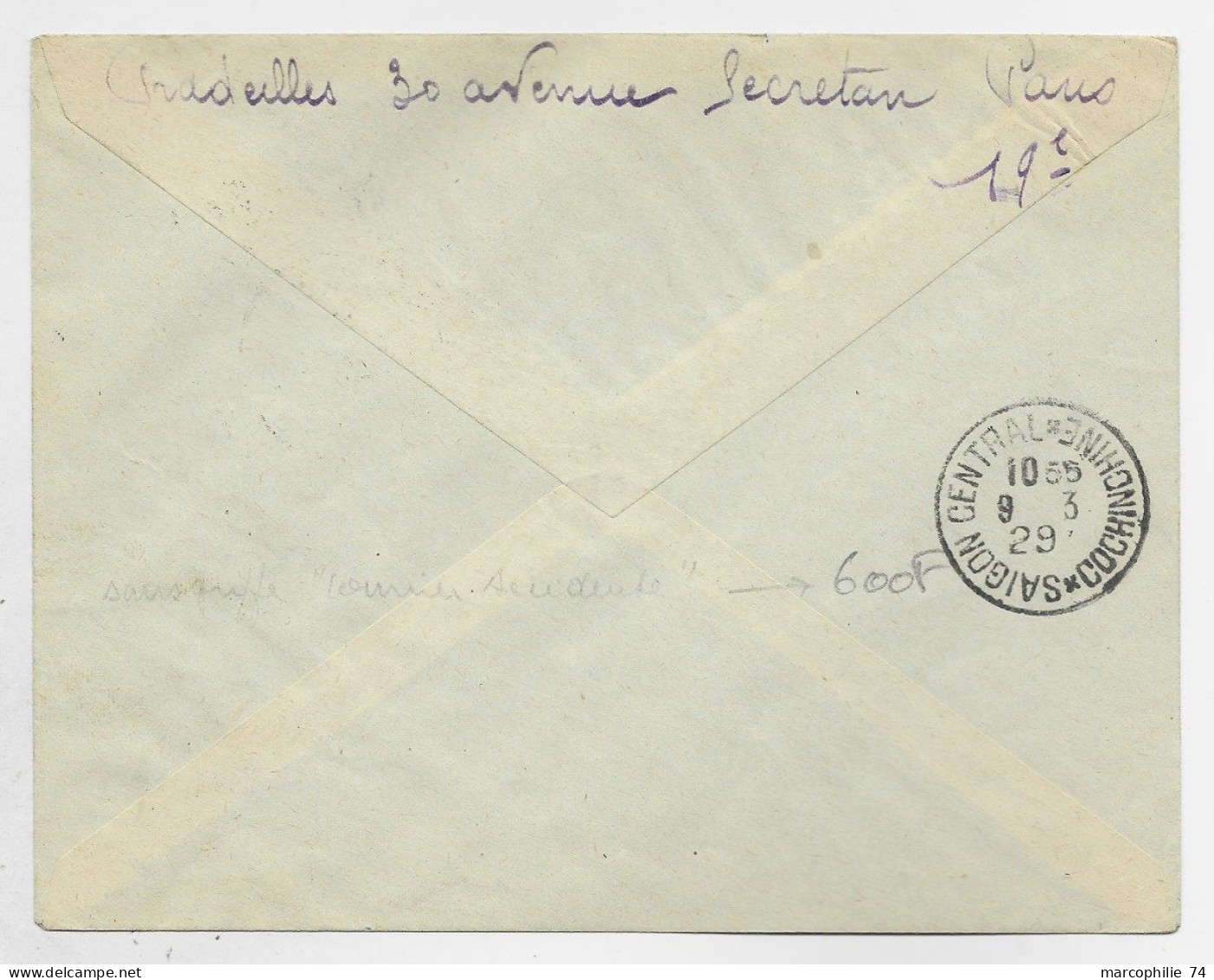 FRANCE MERSON 10FR+50C SEMEUSE LETTRE AVION ISTRES 18.2.1929 POUR SAIGON INDOCHINE + MENTION AVION LE BRIX - 1927-1959 Brieven & Documenten