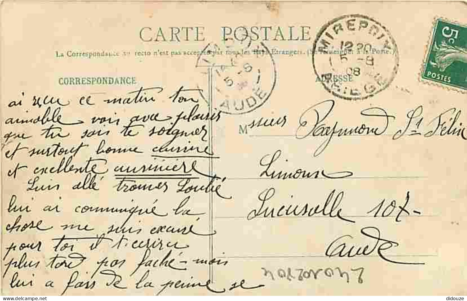 09 - Mirepoix - Cours Saint Maurice - Animée - Oblitération Ronde De 1908 - Correspondance - Etat Arrachée Sur 1 Cm En B - Mirepoix
