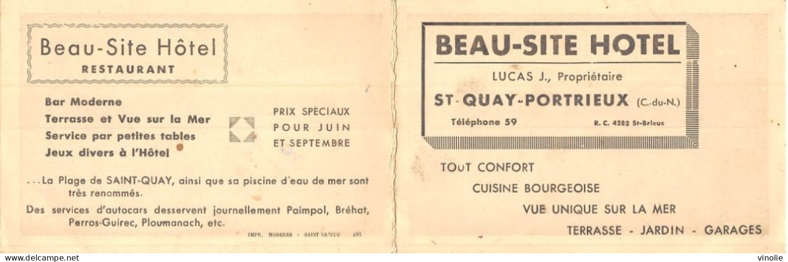 P-24-T.K: 6350 : SAINT-QUAY-PORTRIEUX. HOTEL-RESTAURANT BEAU-SITE. J. LUCAS. CARTE DOUBLE - Saint-Quay-Portrieux