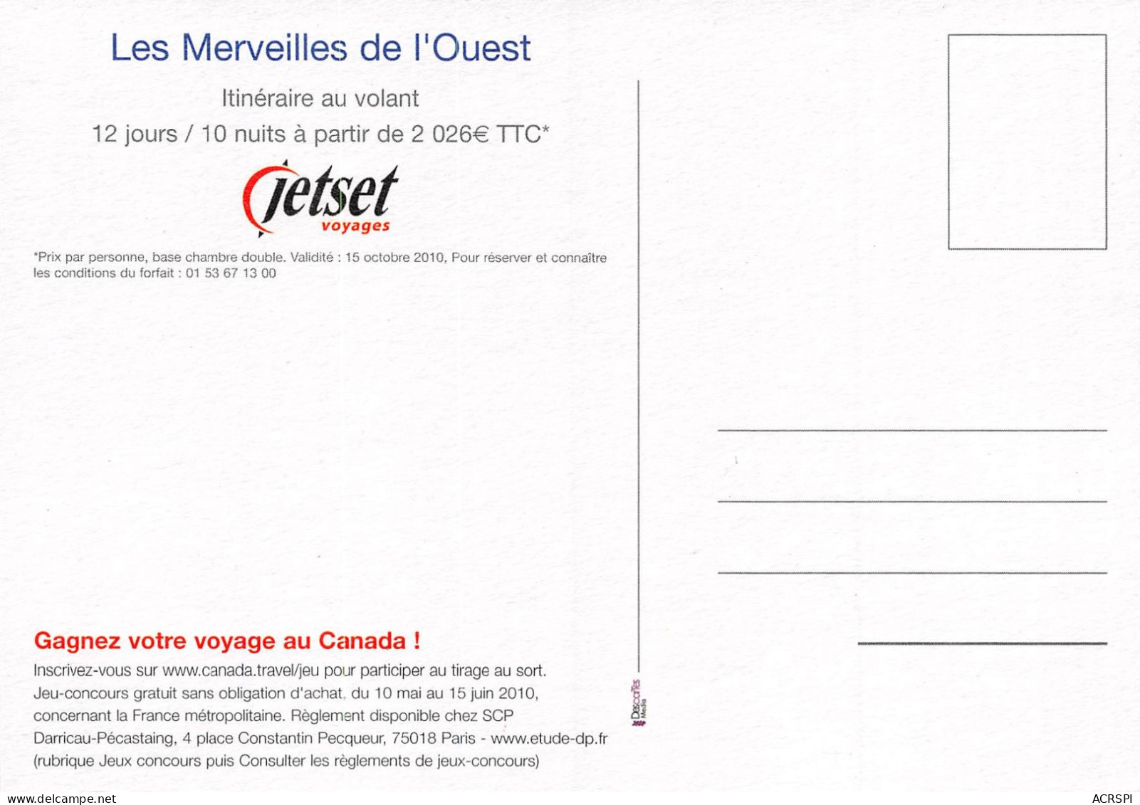 CANADA Voyages JETSET Octobre 2010 Merveilles De L'ouest 84 (scan Recto Verso)KEVREN0768 - Modern Cards