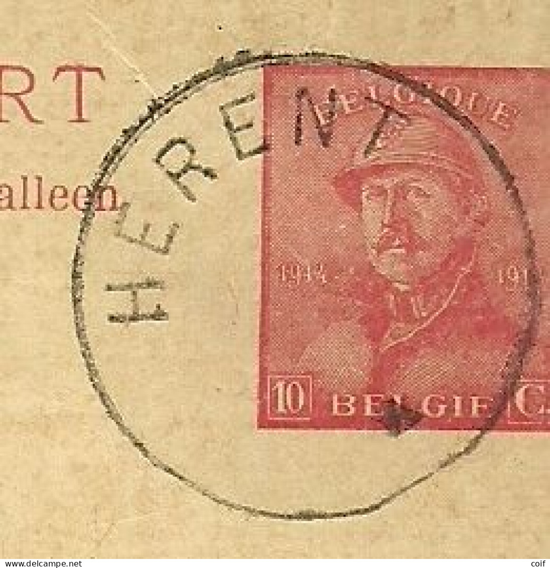 Entier Met Stempel HERENT Zonder Datummidden (noodstempel) - 1919-1920 Behelmter König