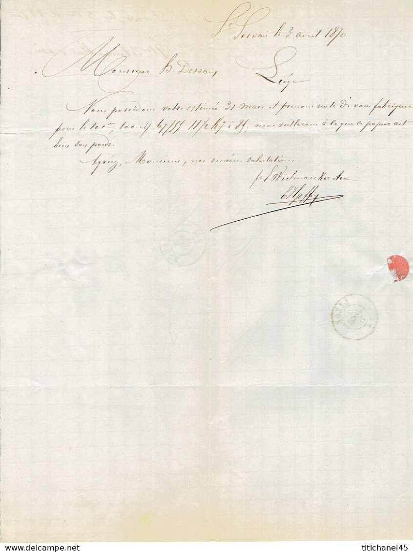 N°31 S/LAC Obl. Pt 264 Belle Frappe NAMUR (1870)>LIEGE + Entête PAPETERIES NAMUROISES à ST-SERVAIS - 1869-1883 Leopold II