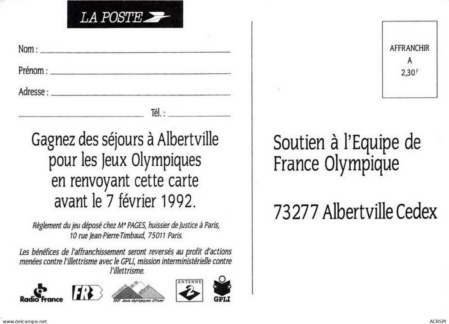 ALBERTVILLE 1992 JO Jeux Olympique Je Soutiens L Equipe De France Ski Sport PUB Publicité  (SCAN RECTO VERSO)MA0082 - Olympic Games