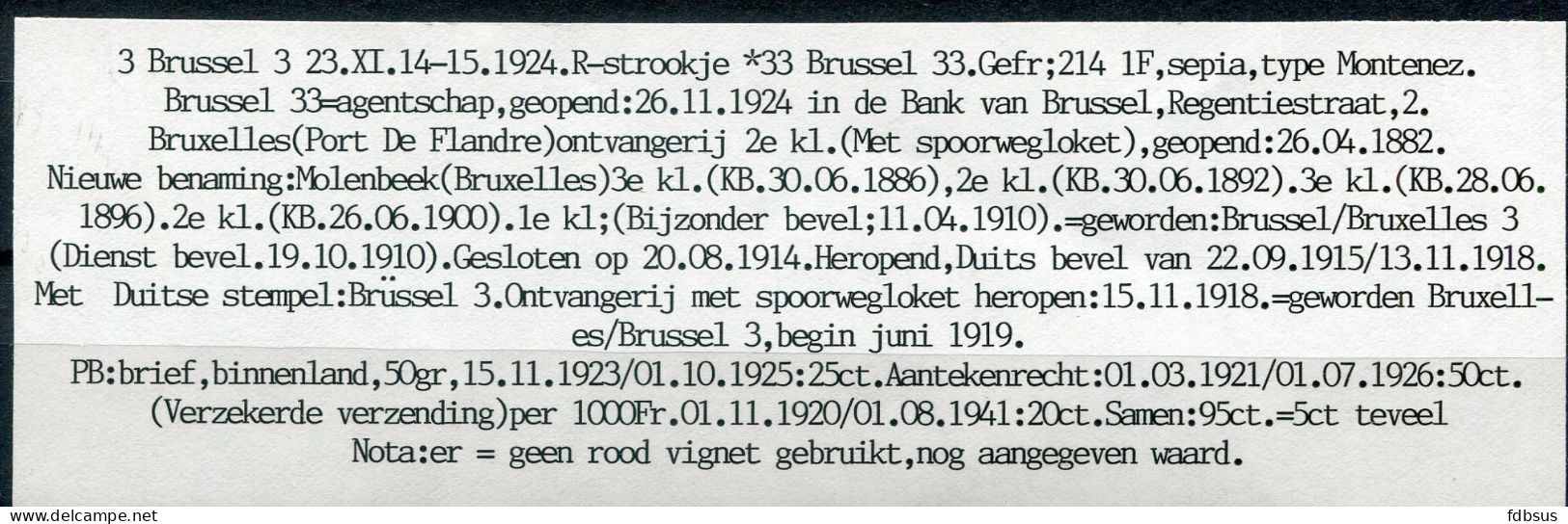 1924 R-Enveloppe BANQUE DE BRUXELLES Naar Roulers Gefr. 1Fr Catnr 214 - R Strookje 33 - Zie Uitleg - Covers & Documents