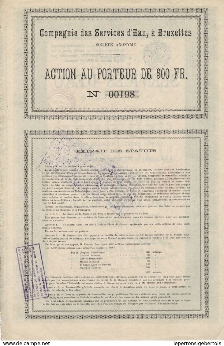 - Titre De 1893 - Compagnie Des Services D'Eau à Bruxelles - - Eau