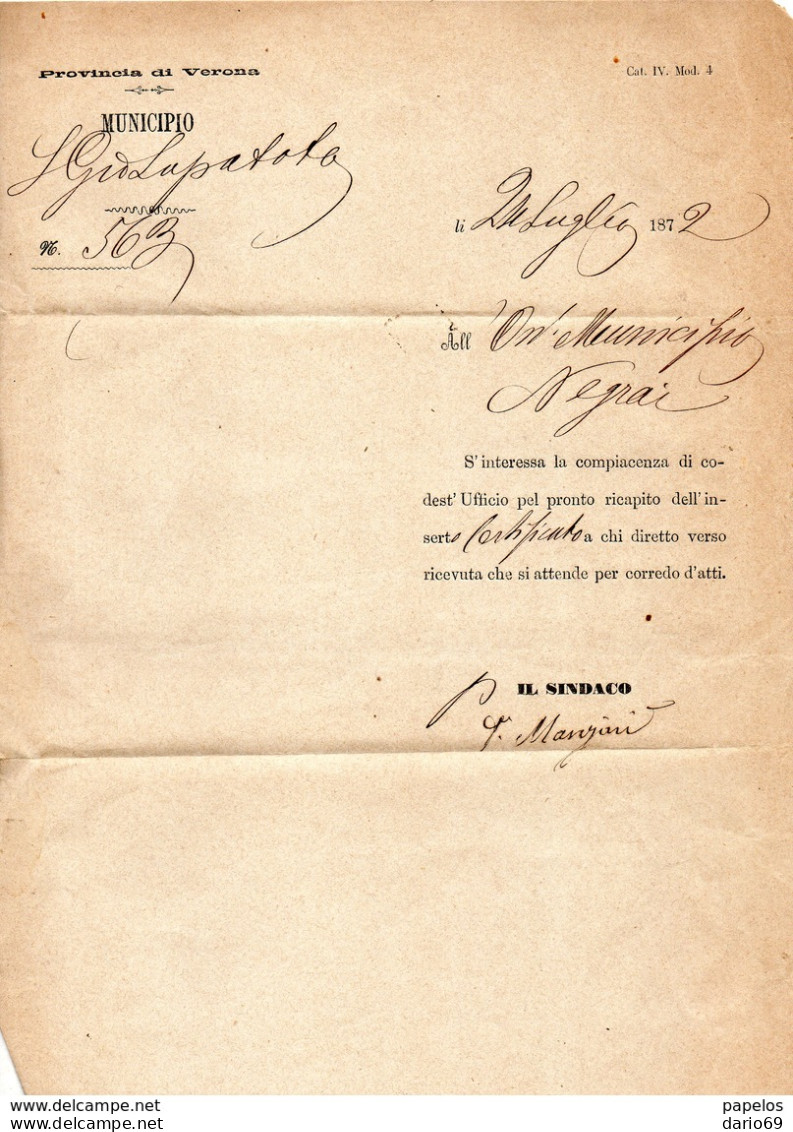 1872 LETTERA CON ANNULLO VERONA + S. GIOVANNI LUPATOTO  IN CORSIVO - Marcophilia