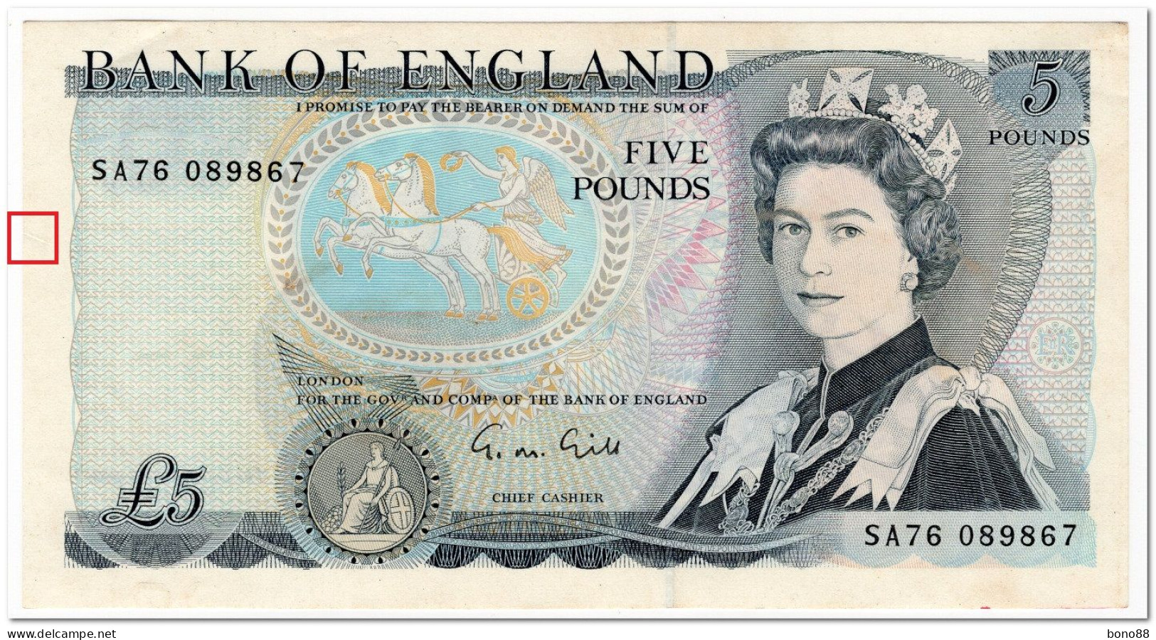 GREAT BRITAIN,ENGLAND,5 POUNDS,1988-91,P.378f.XF+,SMALL CUT - 5 Pounds