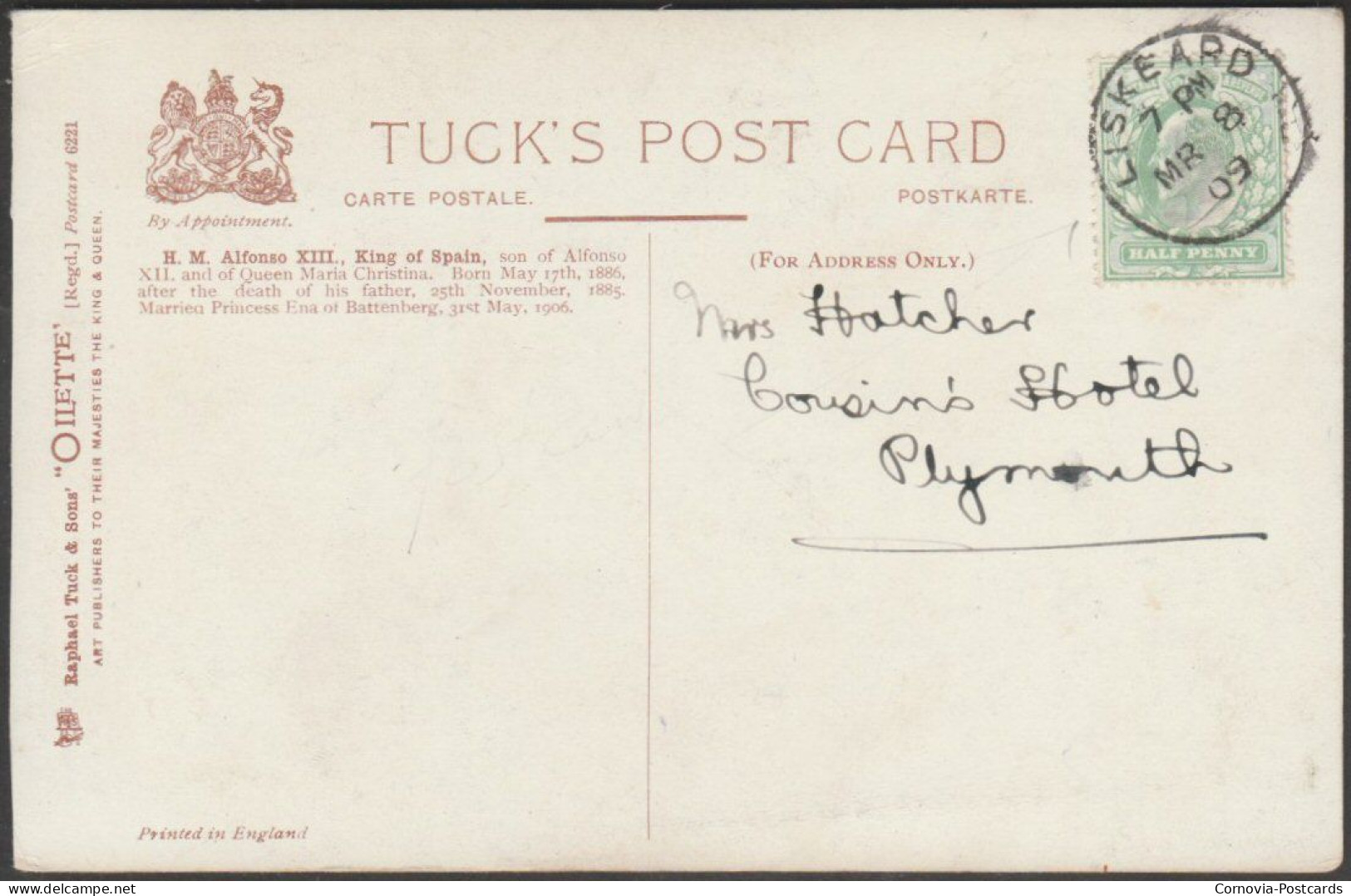 His Majesty The King Of Spain, Alfonso XIII, 1909 - Tuck's Oilette Postcard - Königshäuser