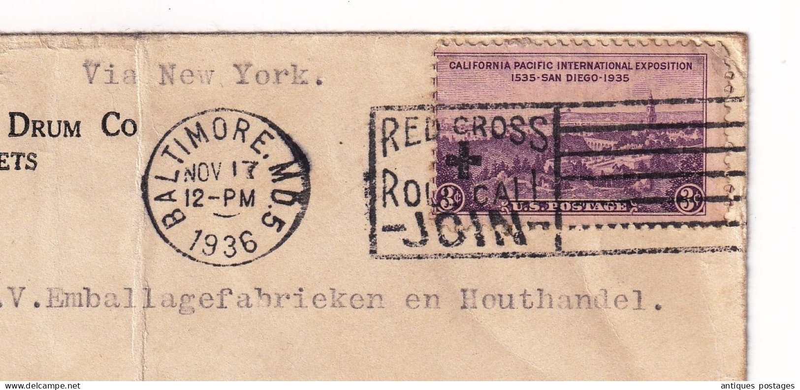 Baltimore 1936 Via New York American Cooperage & Steel Drum Red Cross Rotterdam Emballagefabrieken En Houthandel - Lettres & Documents