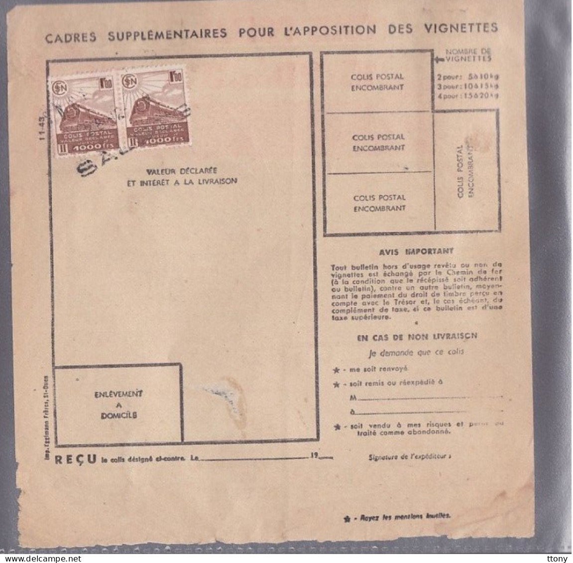 Timbre N° 210   4,7  Vert Foncé Et Rouge  &  N ° 177  1 F Brun  Vin Blanc Rivesaltes Colis Postaux Postal 1943 - Covers & Documents