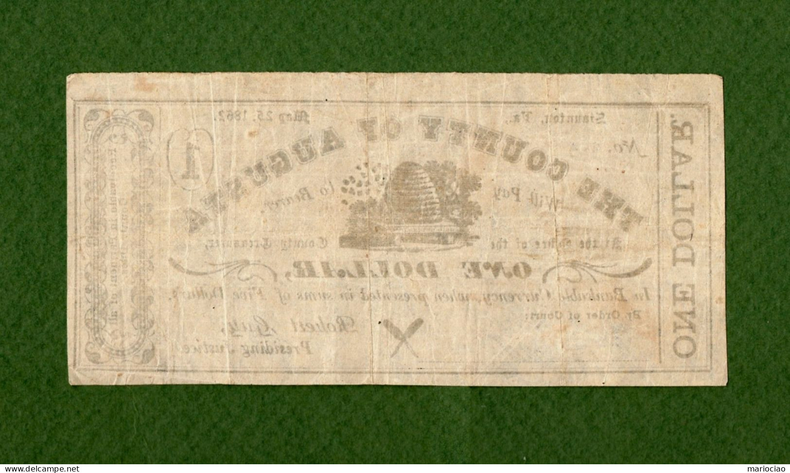 USA Note CIVIL WAR ERA THE COUNTY OF AUGUSTA $1 Staunton, Virginia 1862 N. 663 - Valuta Della Confederazione (1861-1864)
