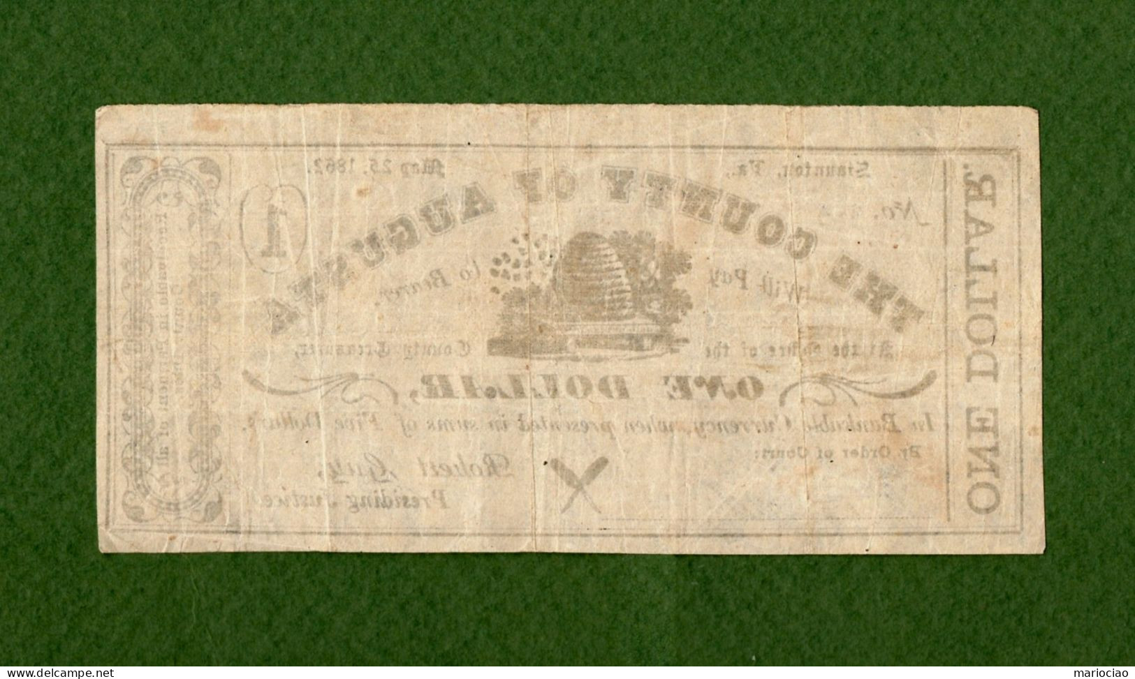 USA Note CIVIL WAR ERA THE COUNTY OF AUGUSTA $1 Staunton, Virginia 1862 N. 663 - Valuta Van De Bondsstaat (1861-1864)