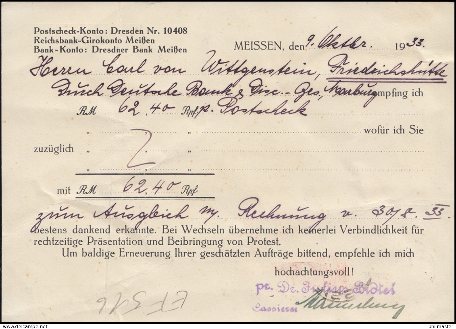 Firmenlochung Dr B Auf Hindenburg 6 Pf EF Auf Fern-Postkarte MEISSEN 9.10.33 - Altri & Non Classificati