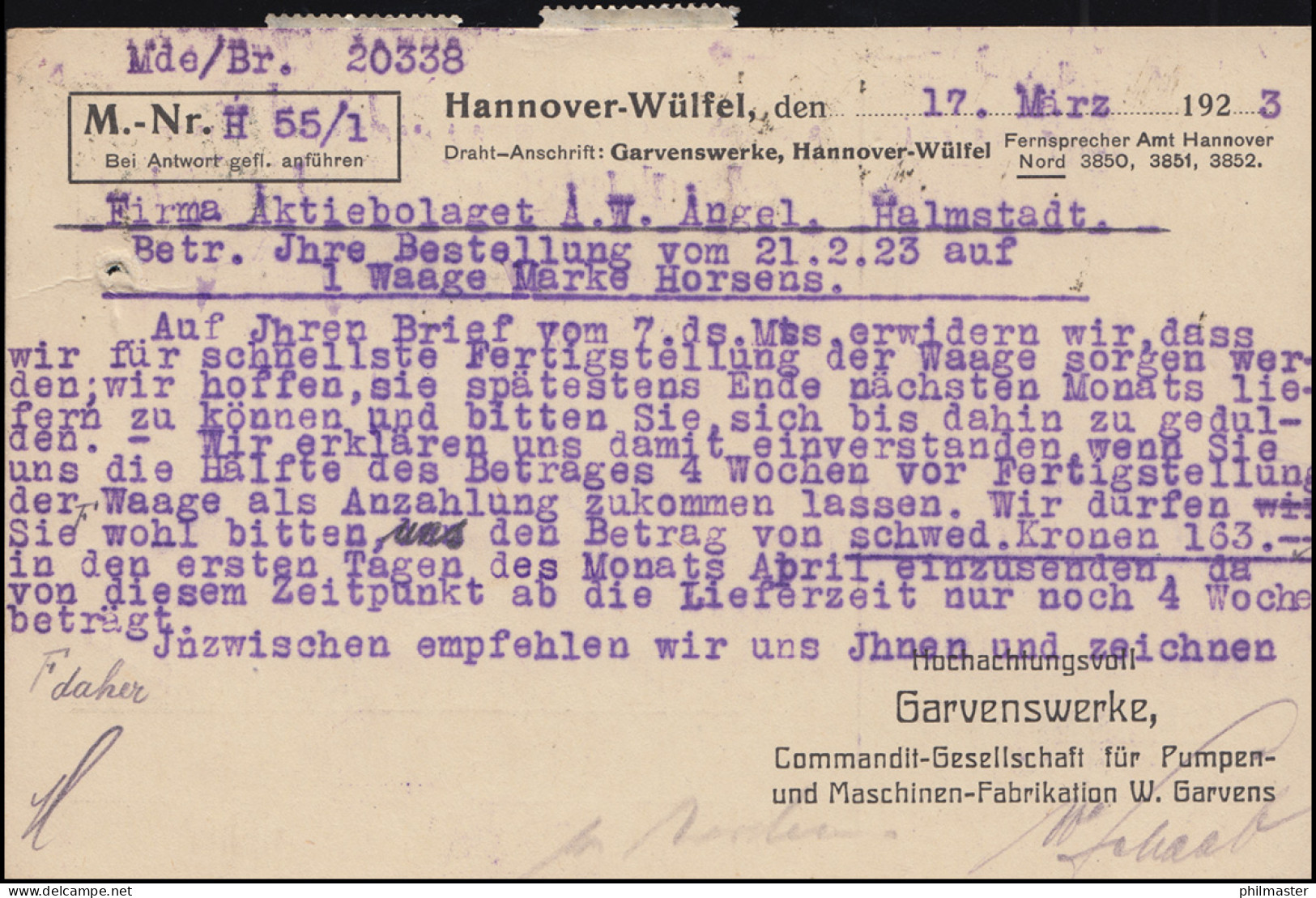 Firmenlochung GW Auf Posthorn-Mischfrankatur Postkarte HANNOVER-WÜLFEL 17.3.23 - Andere & Zonder Classificatie