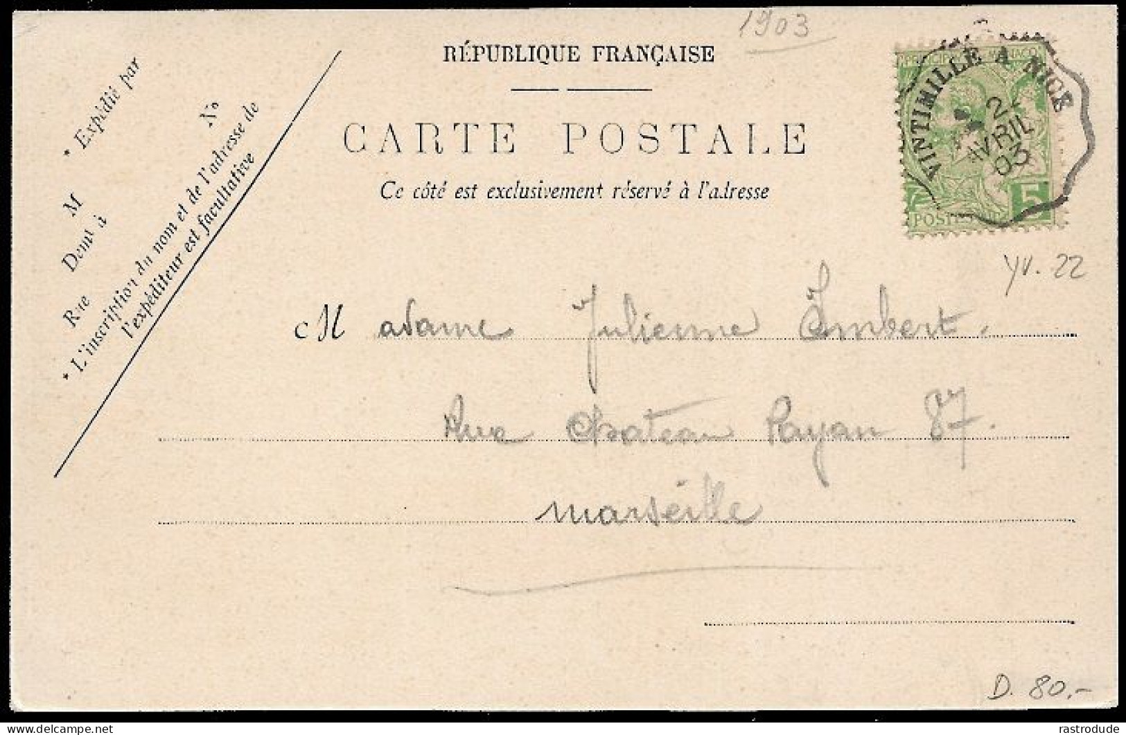 1903 CP MONACO - CACHET FERROVIAIRE VINTIMILLE A NICE POUR MARSEILLE - TB - Covers & Documents