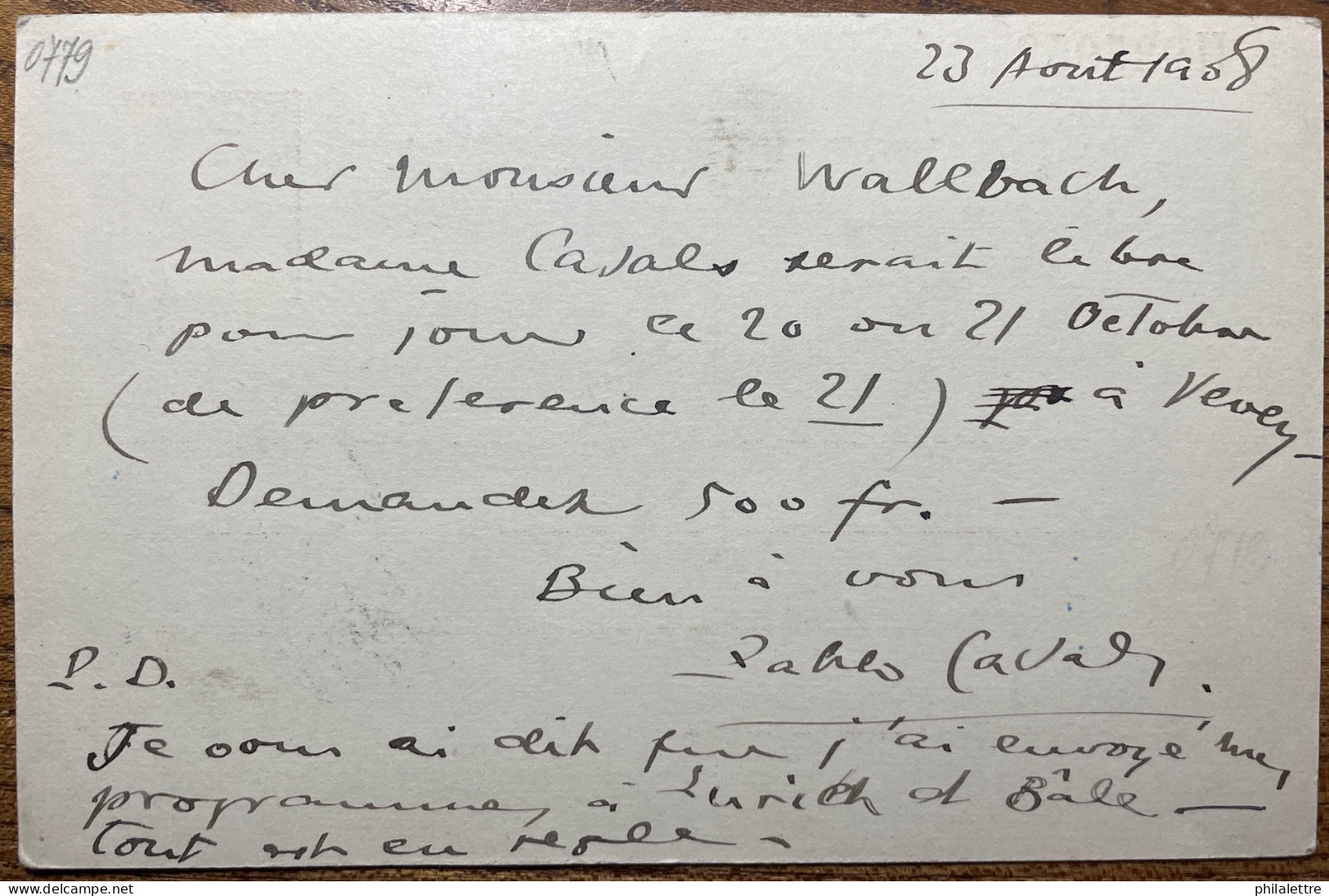PABLO (PAU) CASALS (1876-1973) Signed 1908 Postal Card From VENDRELL With Autograph Text Addressed To Switzerland - Zangers & Muzikanten
