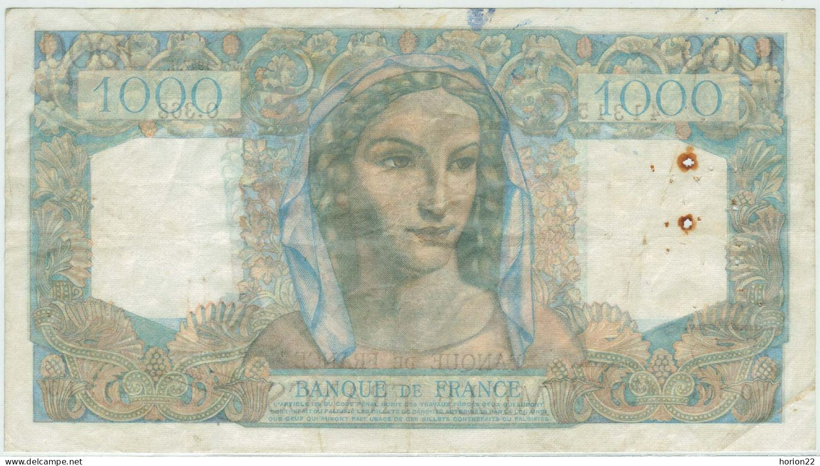 1000 FRANCS MINERVE ET HERCULE  H 9 1 1947 H 41315 O 368 - 1 000 F 1945-1950 ''Minerve Et Hercule''