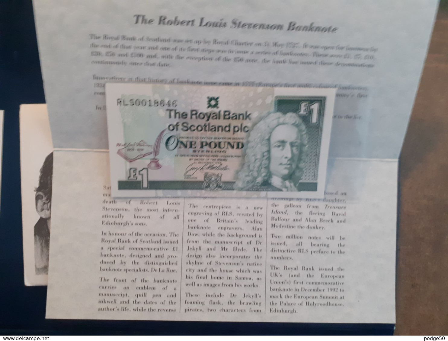 ROYAL BANK OF SCOTLAND 1994 ROBERT LOUIS STEVENSON UNCIRCULATED £1 IN FOLDER & ENVELOPE - 1 Pound