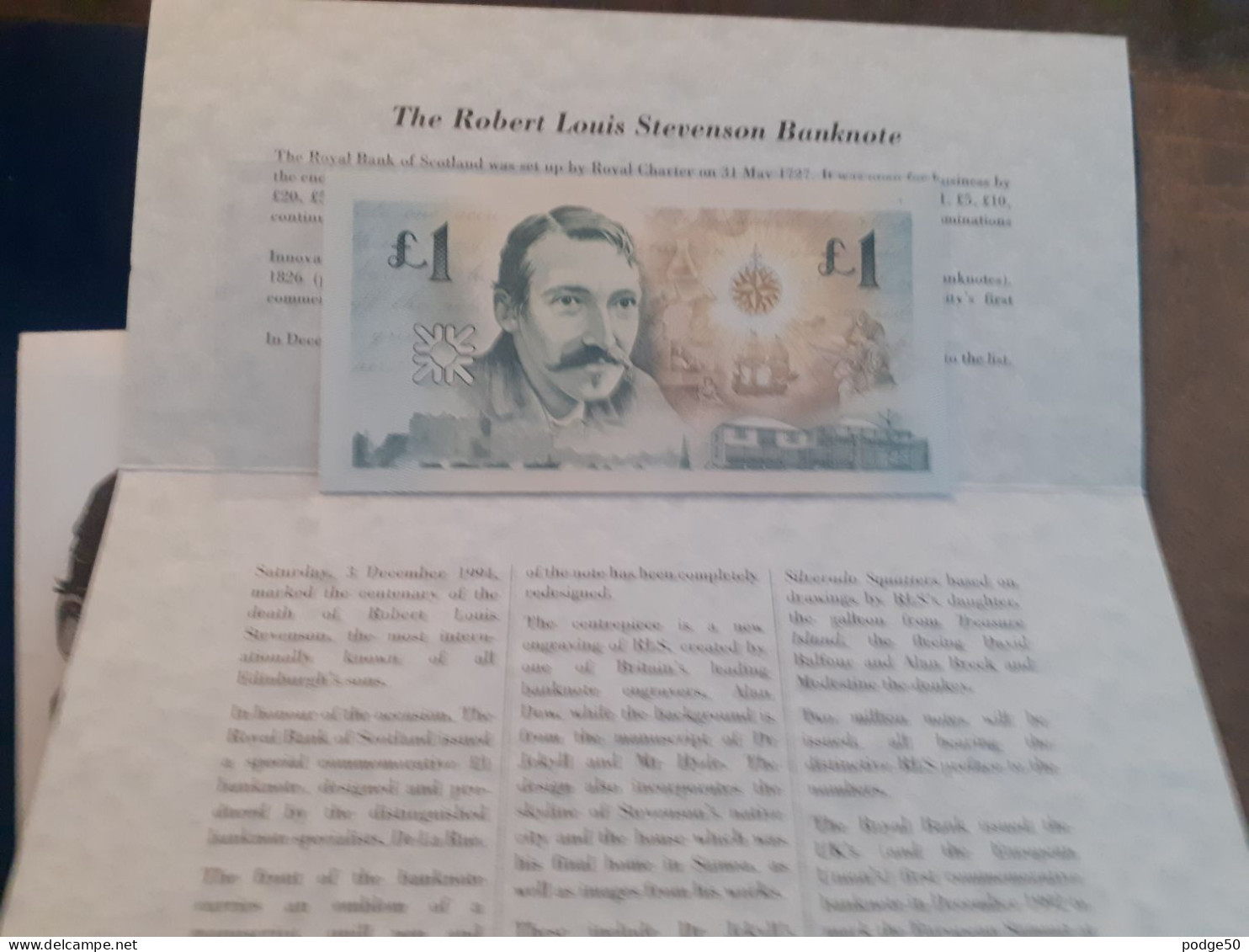 ROYAL BANK OF SCOTLAND 1994 ROBERT LOUIS STEVENSON UNCIRCULATED £1 IN FOLDER & ENVELOPE - 1 Pond