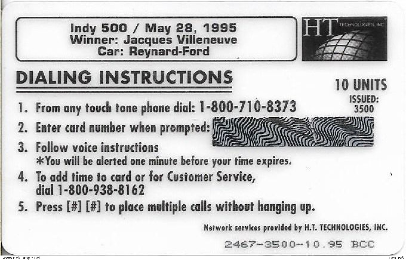 USA - HT Technologies (HTT) - Racing Cars, J. Villeneuve's Reynard-Ford, 10.1995, Remote Mem. 10U, 3.500ex, Mint Unscrat - Sonstige & Ohne Zuordnung