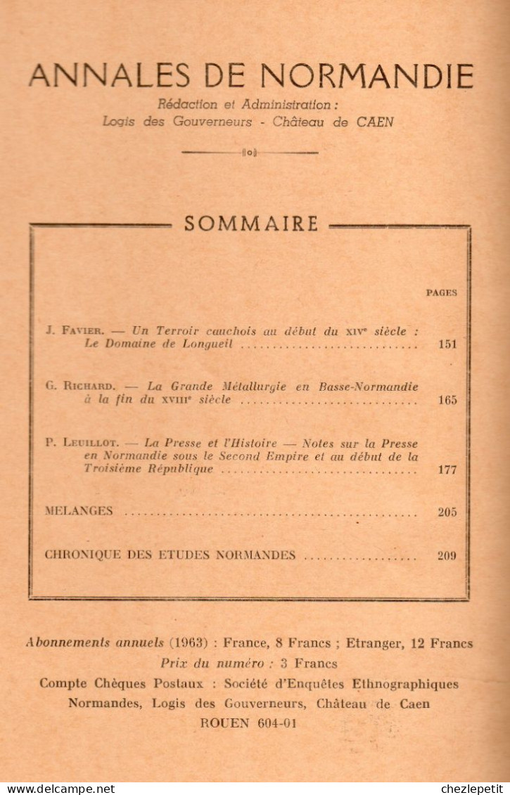 ANNALES DE NORMANDIE 1963 Presse Normande Famille Perrote De Cairon Toponymie - Normandie