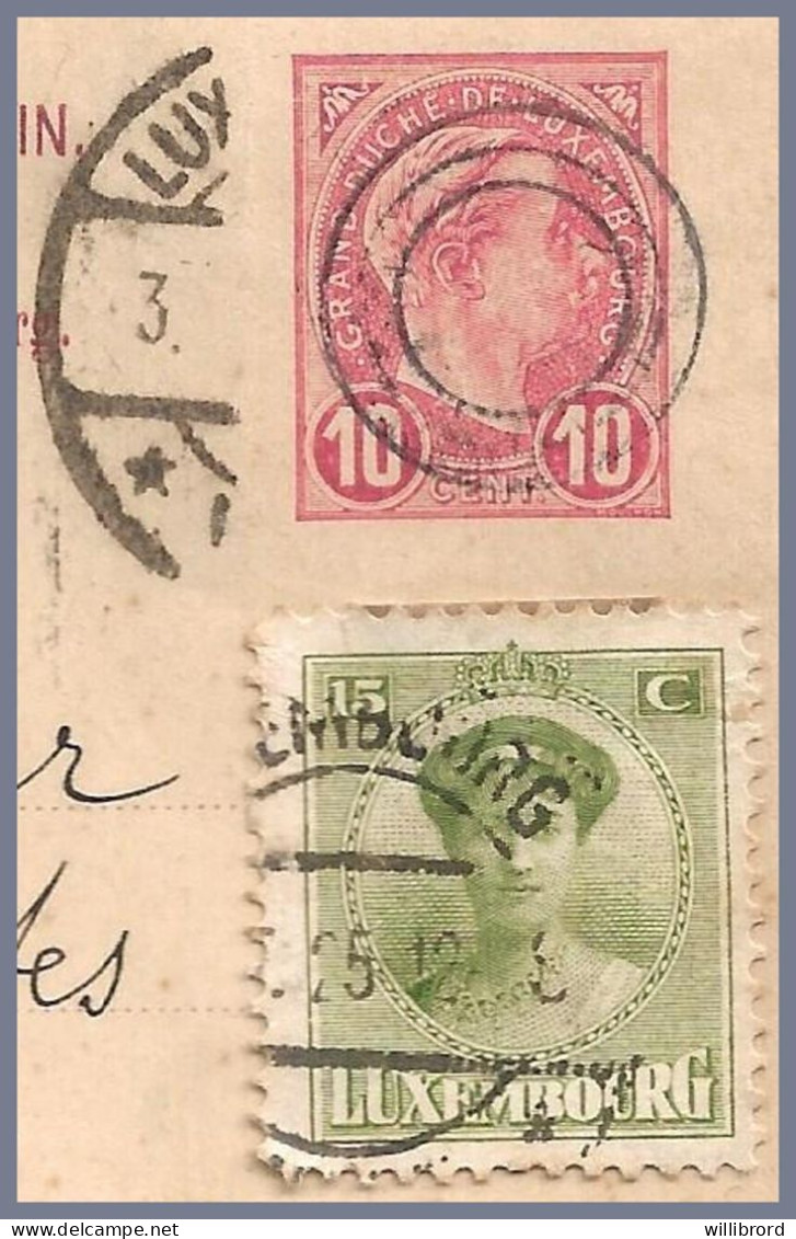 LUXEMBOURG - 1925 15c Charlotte Used On Invalidated 10c Adolphe Postal Card (Prifix 54) - Curiosity! - Stamped Stationery