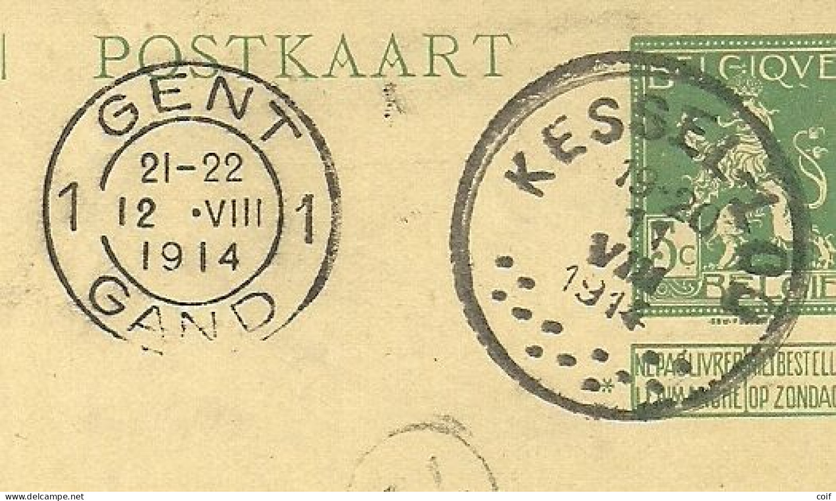 Entier Stempel KESSEL-LOO Op 11/08/1914 (Offensief W.O.I) ,stempel GENT Op 12/08/14 - Niet-bezet Gebied