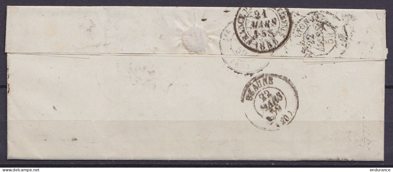L. Datée 20 Mars 1859 De CHARLEROI - Port "6" Au Tampon Càd CHARLEROY /21 MARS 1859 Pour BEAUNE - Càd Entrée "BELG. A ER - 1858-1862 Médaillons (9/12)