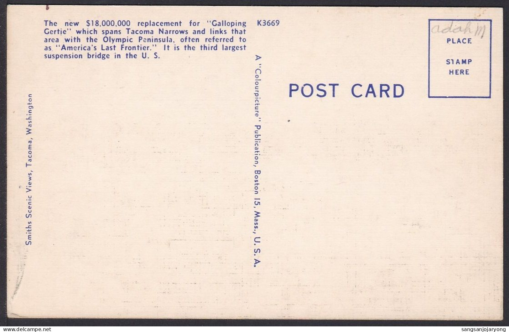 B355 Bridge Postcard, USA, Narrows Bridge, Tacoma, Washington, Carte Postale, Pont - Bridges