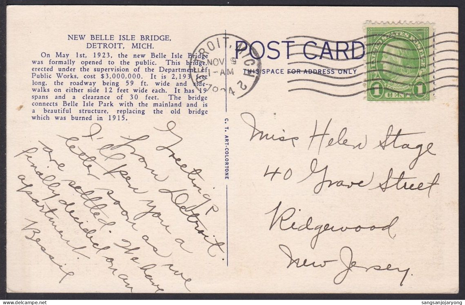 B379 Bridge Postcard, USA, New Belle Isle Bridge, Detroit, Mich., Carte Postale, Pont - Ponti