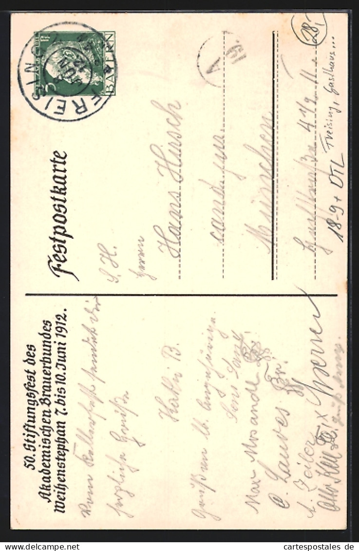AK Freising, 50. Stiftungsfest Des Brauerbundes Weihenstephan 1912, Gasthaus Lindenkeller, Ganzsache Bayern 5 Pfennig  - Postcards