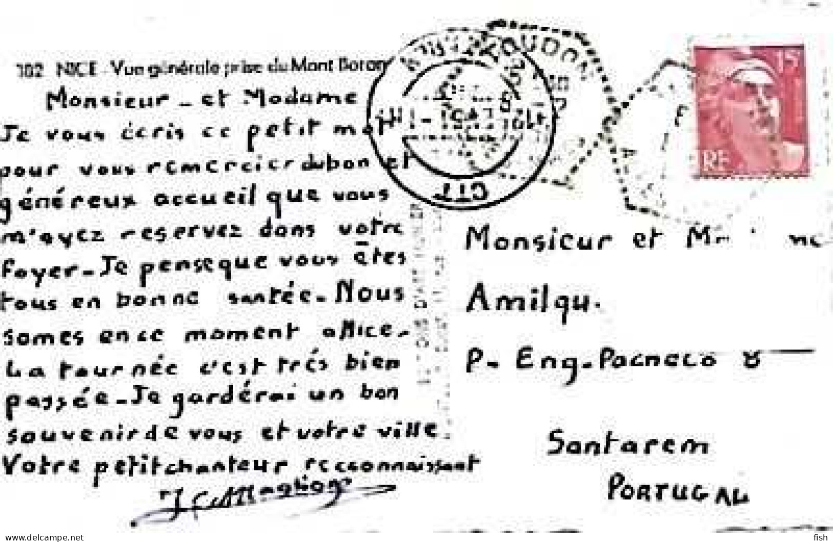 France & Marcofilia, Nice, Vue Générale Prise Du Mont-Boron, Santarem Portugal 1951 (382) - Sonstige & Ohne Zuordnung