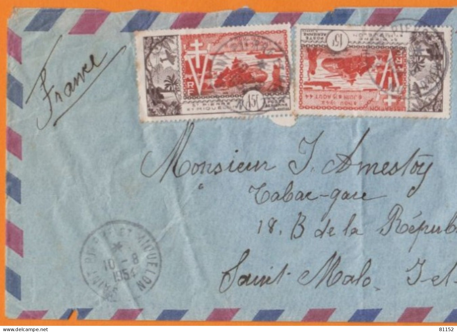 Lettre De SAINT-PIERRE-et-MIQUELON   En POSTE AERIENNE Le 10 8 1954 Avec 15F X 3 Y.T.22  Pour Un Tabac à 35 SAINT-MALO - Covers & Documents