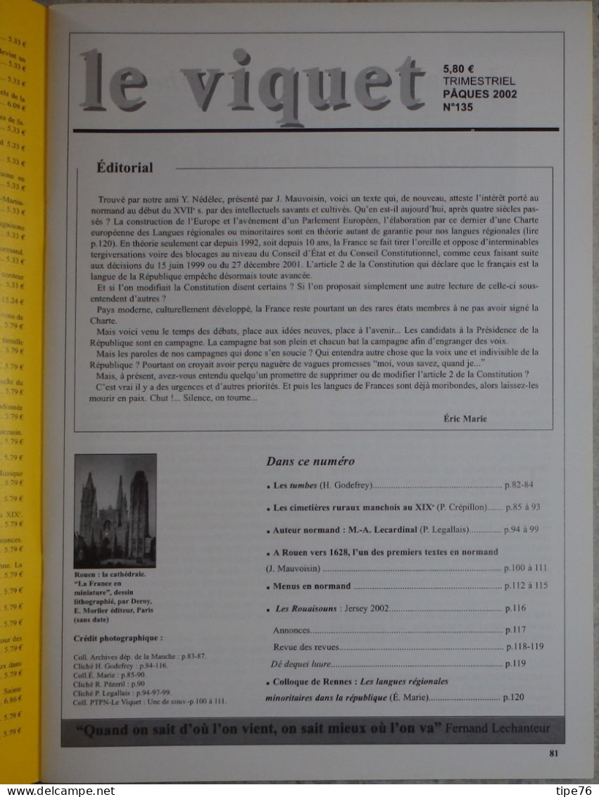 Viquet Parlers Traditions Normandie 135 2002 Cimetières Ruraux Manchois - Rouen 1628 Un Des Premiers Textes En Normand - Normandië