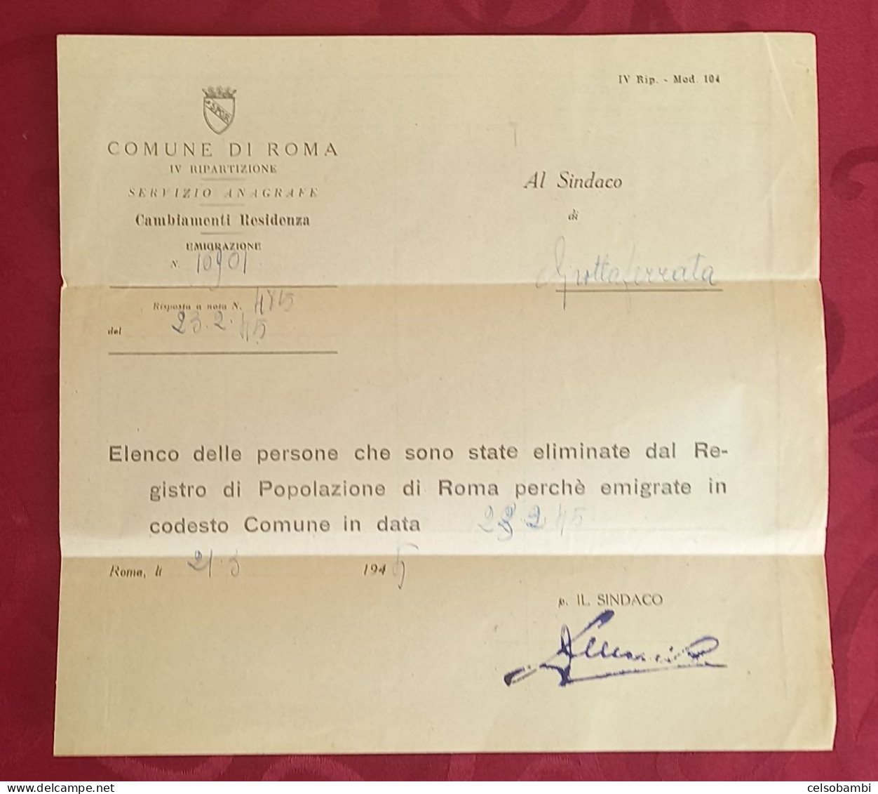 1945 LETTERA DA ROMA CAMPIDOGLIO GOVERNATORATO CON C. 50 P.A. USO TARDIVO PER CAMBIO DI RESIDENZA - Poststempel