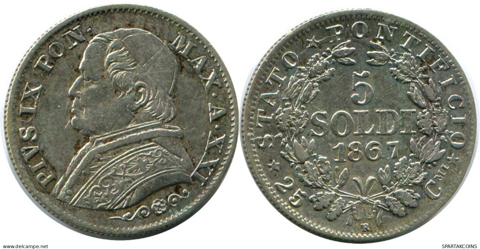 5 SOLDI / 25 Centesimi 1867 R VATICANO Pius IX (1846-1878) PLATA #AH381.13.E.A - Vaticano (Ciudad Del)