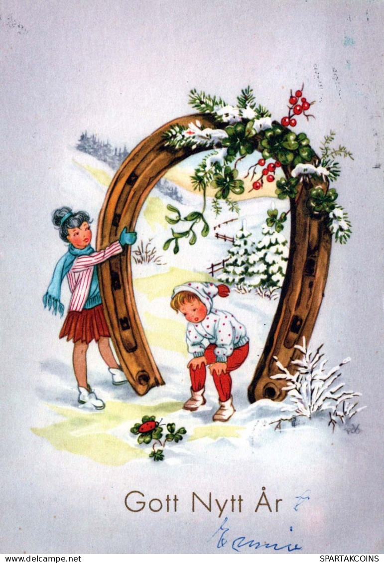 Happy New Year Christmas CHILDREN HORSESHOE Vintage Postcard CPSM #PAU071.A - Anno Nuovo