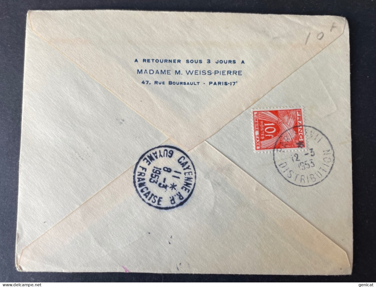 Lettre Reprise Du Service Aeropostal Paris Cayenne Via Fort De France 1953 Taxe 10 Fr Gerbes Au Verso - 1927-1959 Lettres & Documents