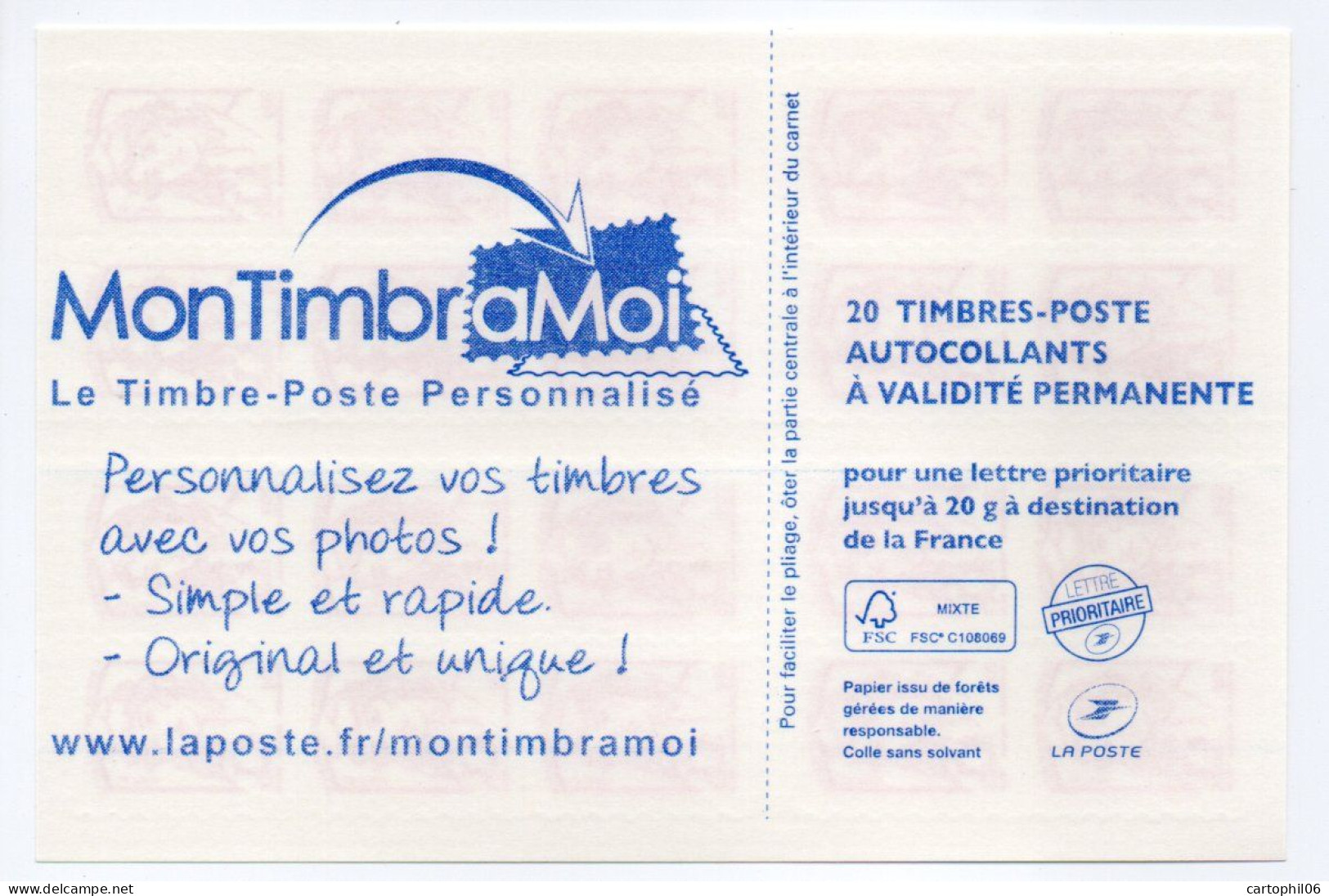 - FRANCE Carnet 20 Timbres Prioritaires Marianne De Ciappa - MON TIMBRAMOI - VALEUR FACIALE 28,60 € - - Modern : 1959-…