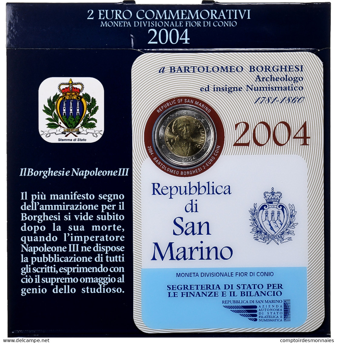 Saint Marin, 2 Euro, Bartolomeo Borghesi, Coin Card, 2004, Rome, Bimetallic - San Marino