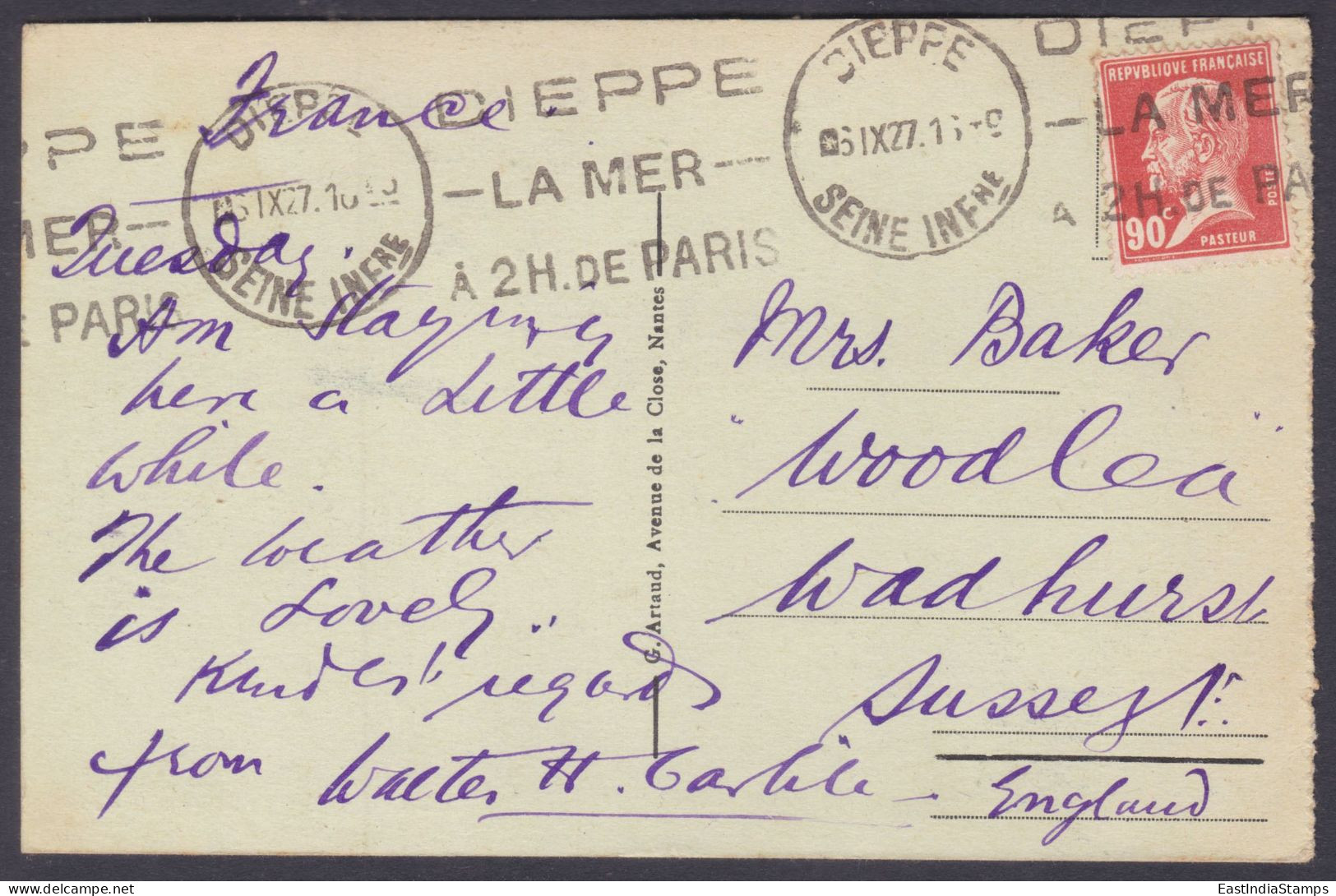 France 1927 Used Postcard To England, Dieppe, The Beach & Casino, Sea, Picture Post Card - Briefe U. Dokumente