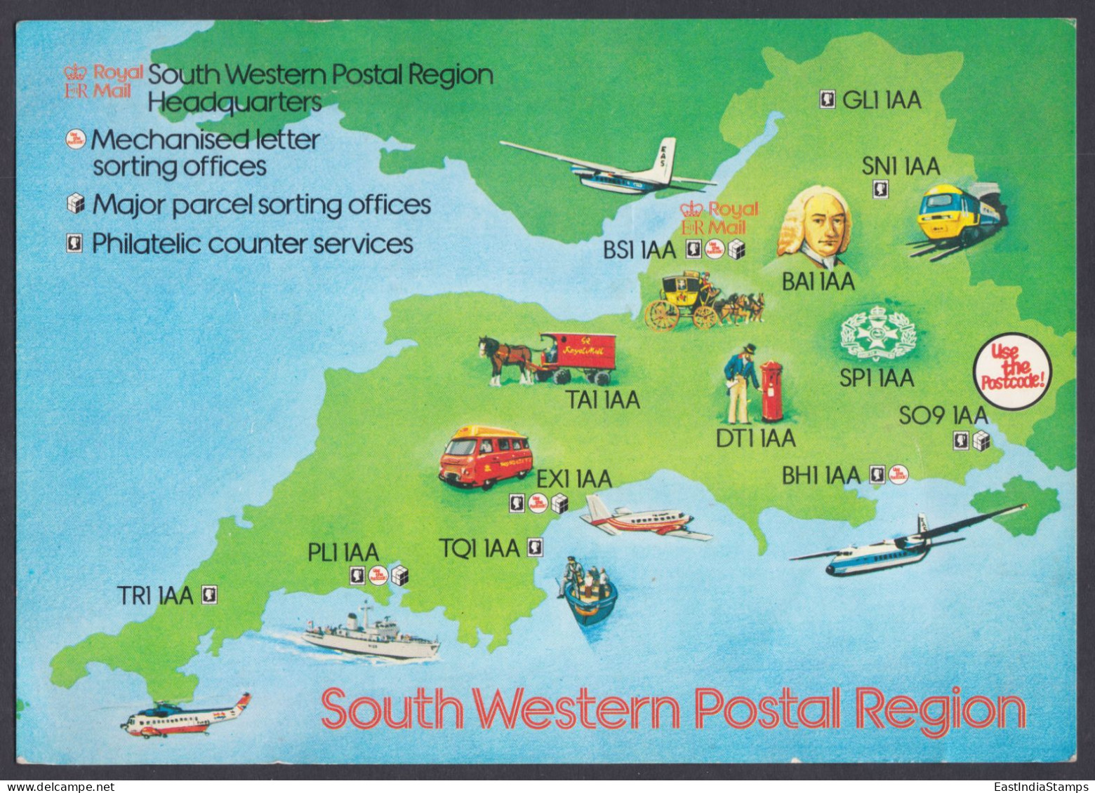 GB Great Britain 1981 Postcard South Western Postal Region, Helicopter, Horse Carriage, Train, Aeroplane, Ship, Boat Van - Covers & Documents