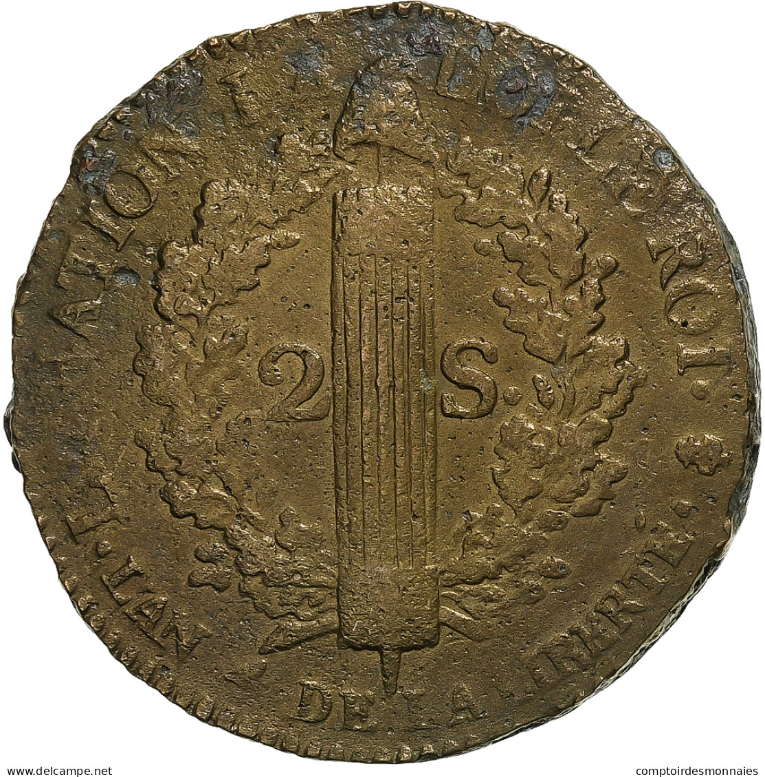 France, Constitution, 2 Sols, 2 Sols François, 1792 / AN 4, Paris, Bronze, TB+ - Other & Unclassified