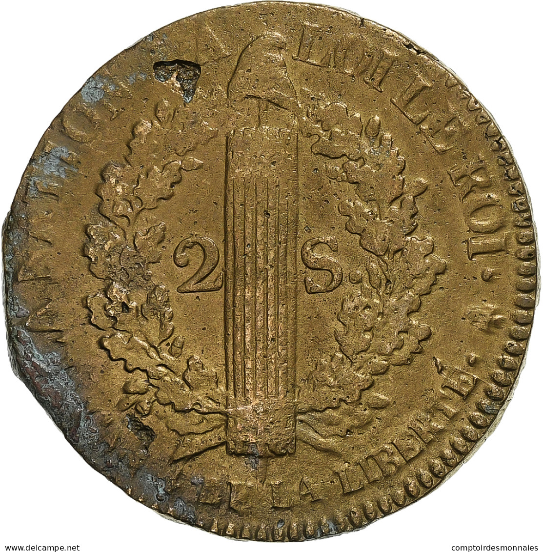 France, Constitution, 2 Sols, 2 Sols François, 1792 / AN 4, Paris, Bronze, TB+ - Other & Unclassified